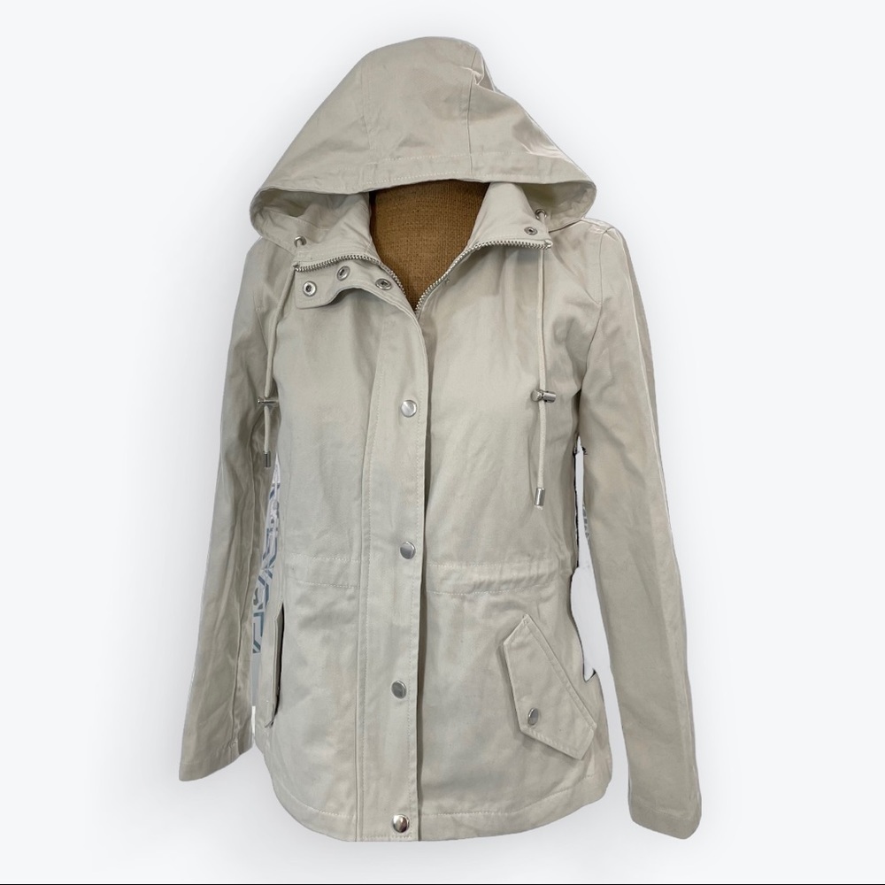NWT Forever 21 Taupe Full zip Safari jacket with drawstring hood, pockets, small